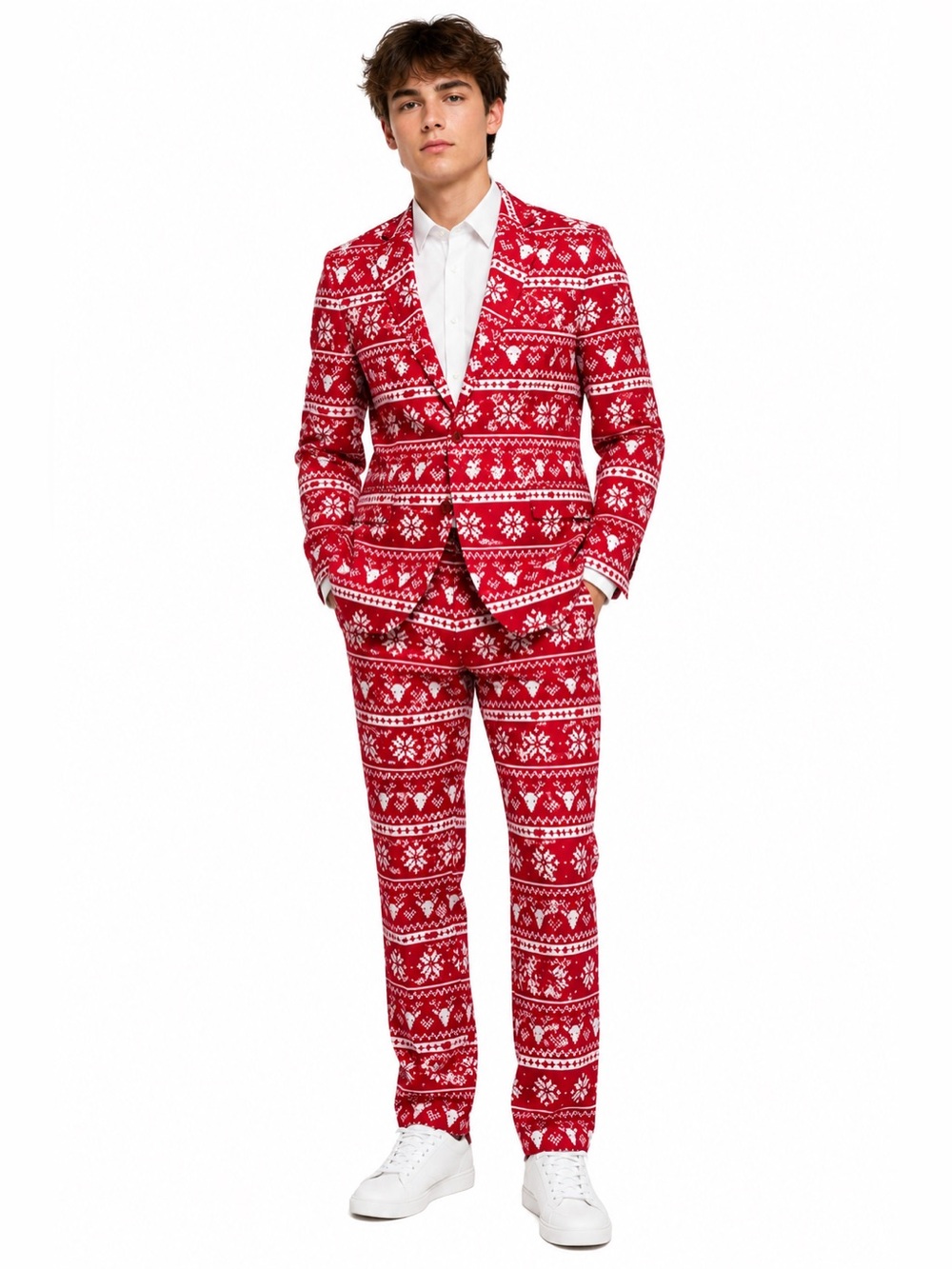 Festive Christmas Red and White Suit Set Pants & Blazer